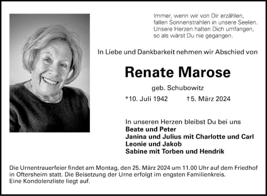 Traueranzeige von Renate Marose von Schwetzinger Zeitung