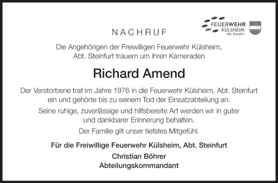 Traueranzeige von Richard Amend von Fränkische Nachrichten