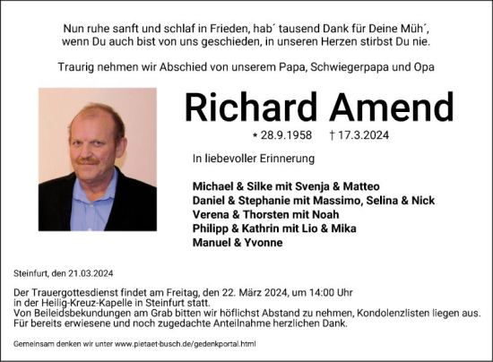 Traueranzeige von Richard Amend von Fränkische Nachrichten