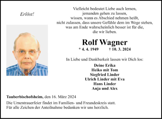 Traueranzeige von Rolf Wagner von Fränkische Nachrichten