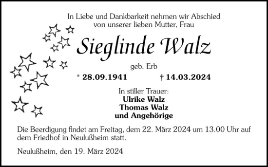 Traueranzeige von Sieglinde Watz von Schwetzinger Zeitung