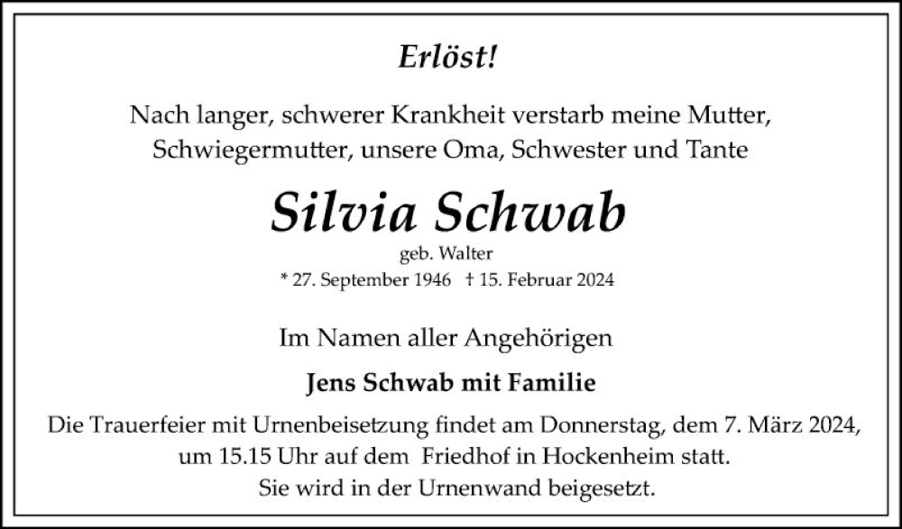  Traueranzeige für Silvia Schwab vom 02.03.2024 aus Schwetzinger Zeitung