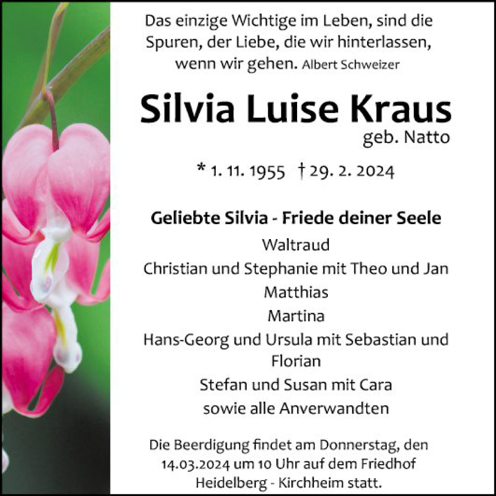  Traueranzeige für Silvia Luise Kraus vom 09.03.2024 aus Mannheimer Morgen