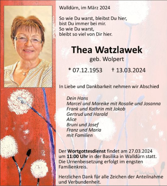 Traueranzeige von Thea Watzlawek von Fränkische Nachrichten