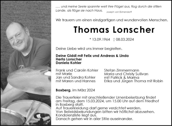Traueranzeige von Thomas Lonscher von Fränkische Nachrichten