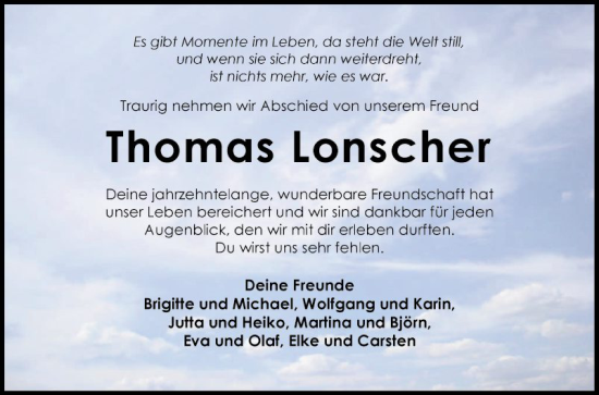 Traueranzeige von Thomas Lonscher von Fränkische Nachrichten