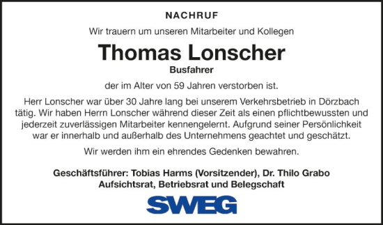 Traueranzeige von Thomas Lonscher von Fränkische Nachrichten