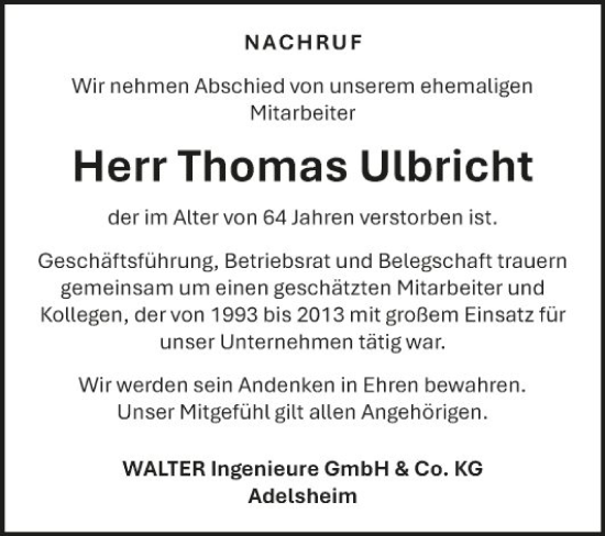 Traueranzeige von Thomas Ulbricht von Fränkische Nachrichten