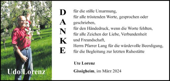 Traueranzeige von Udo Lorenz von Fränkische Nachrichten