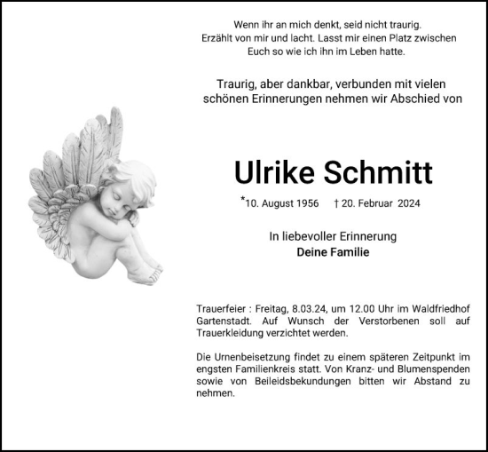 Traueranzeige von Ulrike Schmitt von Mannheimer Morgen