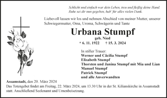 Traueranzeige von Urbana Stumpf von Fränkische Nachrichten