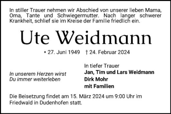 Traueranzeige von Ute Weidmann von Mannheimer Morgen