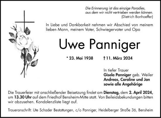 Traueranzeige von Uwe Panniger von Bergsträßer Anzeiger