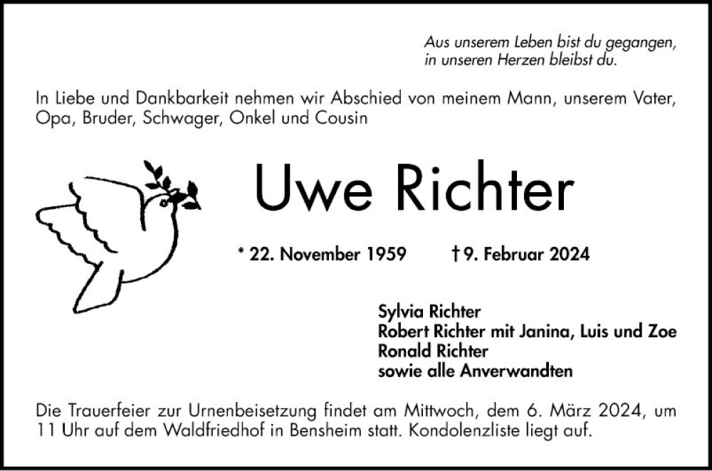  Traueranzeige für Uwe Richter vom 02.03.2024 aus Bergsträßer Anzeiger