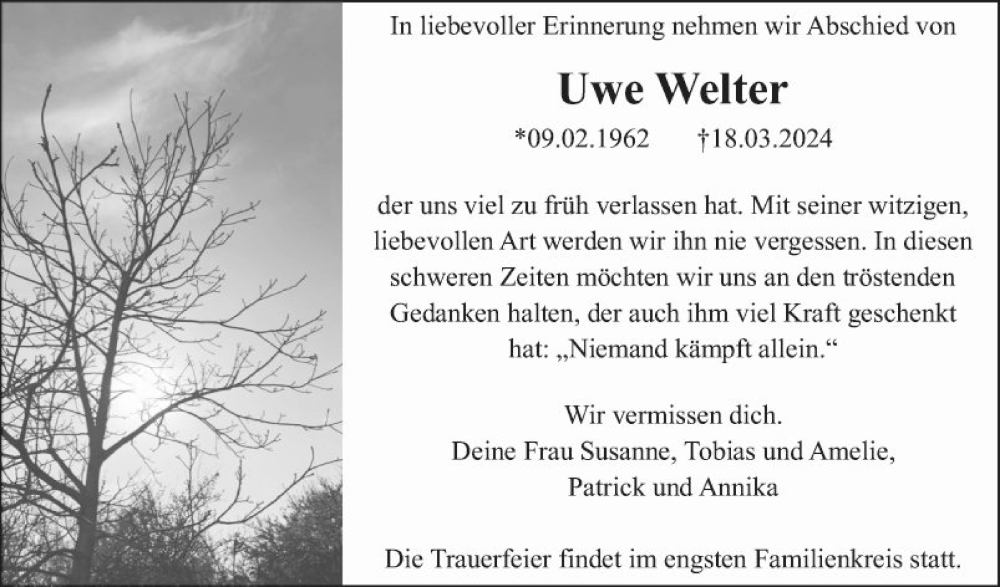  Traueranzeige für Uwe Welter vom 30.03.2024 aus Schwetzinger Zeitung