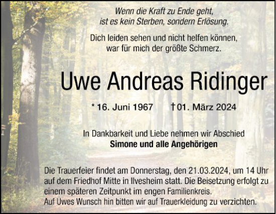 Traueranzeige von Uwe Andreas Ridinger von Mannheimer Morgen