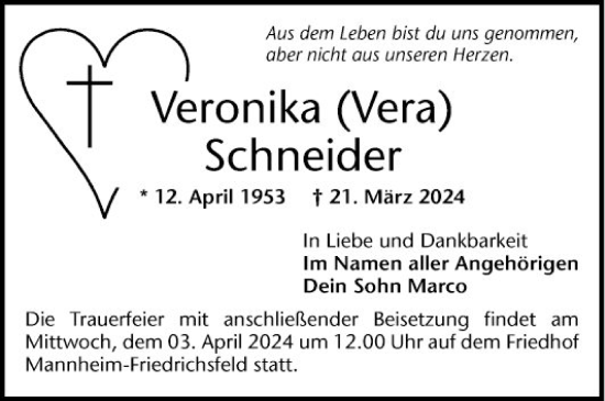 Traueranzeige von Veronika Schneider von Mannheimer Morgen