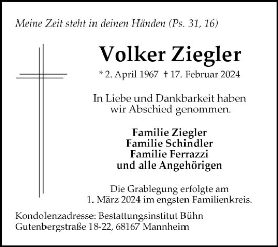 Traueranzeige von Volker Ziegler von Mannheimer Morgen