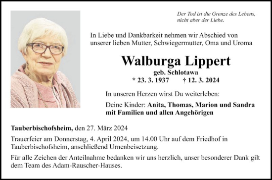Traueranzeige von Walburga Lippert von Fränkische Nachrichten