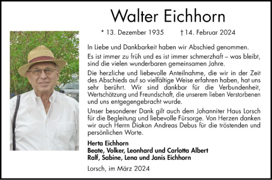 Traueranzeige von Walter Eichhorn von Bergsträßer Anzeiger