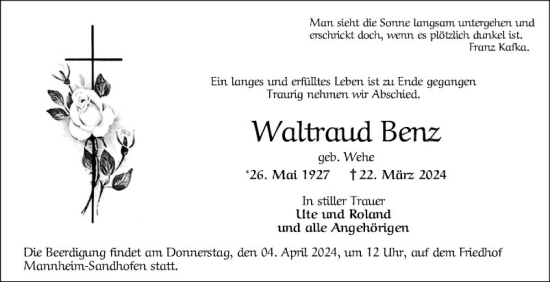 Traueranzeige von Waltraud Benz von Mannheimer Morgen