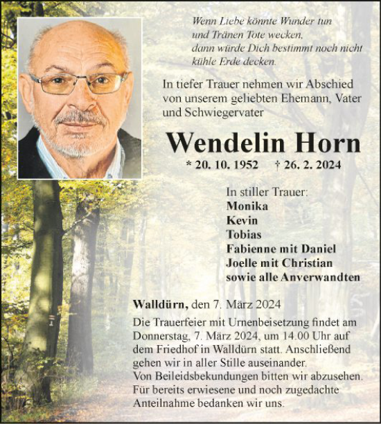 Traueranzeige von Wendelin Horn von Fränkische Nachrichten