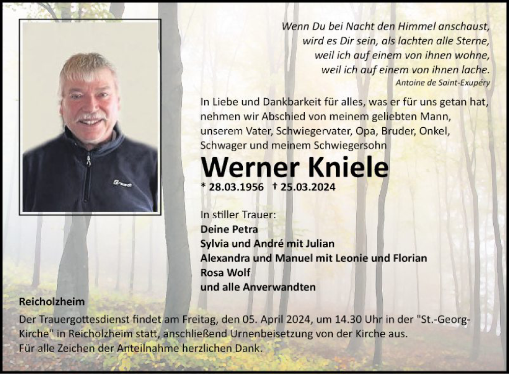  Traueranzeige für Werner Kniel vom 30.03.2024 aus Fränkische Nachrichten
