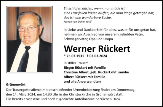 Traueranzeige von Werner Rückert von Fränkische Nachrichten