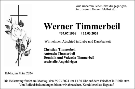 Traueranzeige von Werner Timmerbeil von Mannheimer Morgen