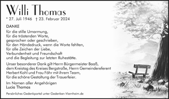 Traueranzeige von Willi Thomas von Mannheimer Morgen