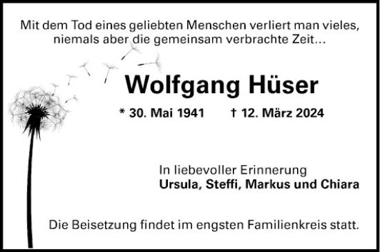 Traueranzeige von Wolfgang Hüser von Mannheimer Morgen