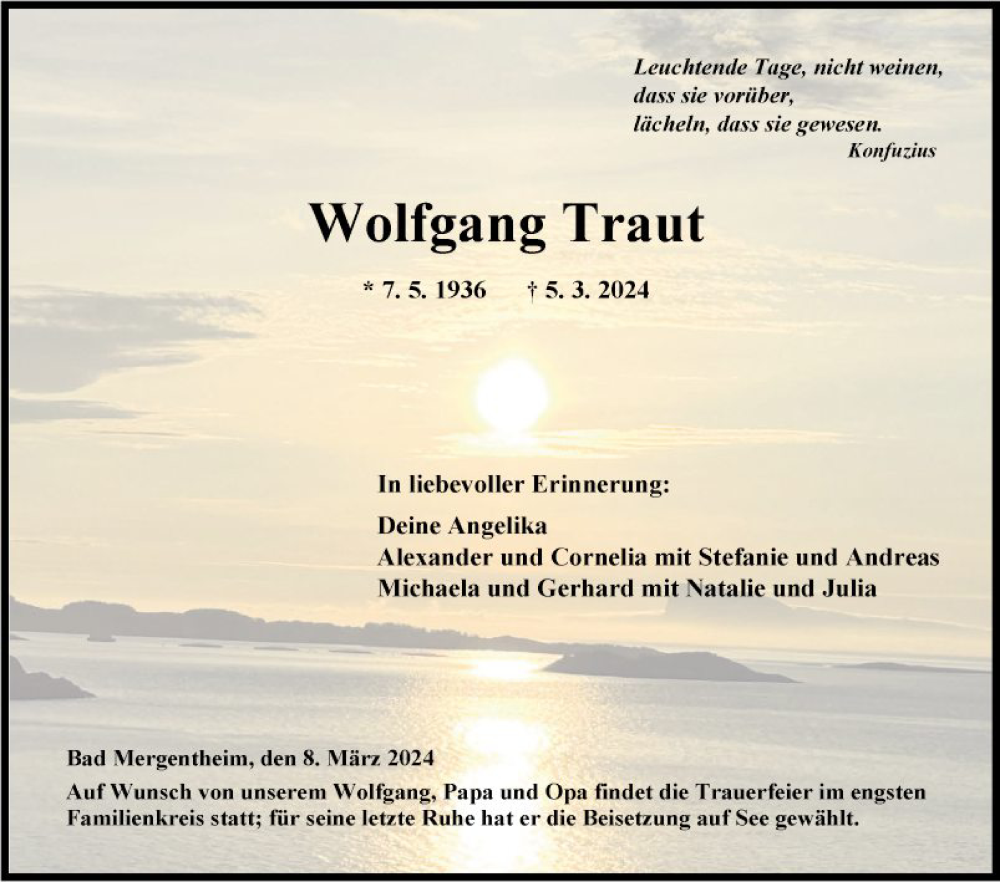  Traueranzeige für Wolfgang Traut vom 08.03.2024 aus Fränkische Nachrichten
