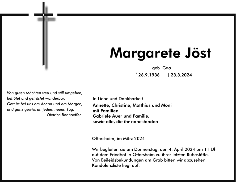  Traueranzeige für Margarete Jöst vom 30.03.2024 aus Schwetzinger Zeitung