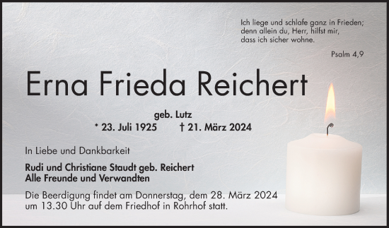 Traueranzeige von Erna Frieda Reichert von Mannheimer Morgen