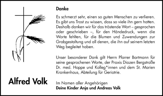 Traueranzeige von Alfred Volk von Bergsträßer Anzeiger