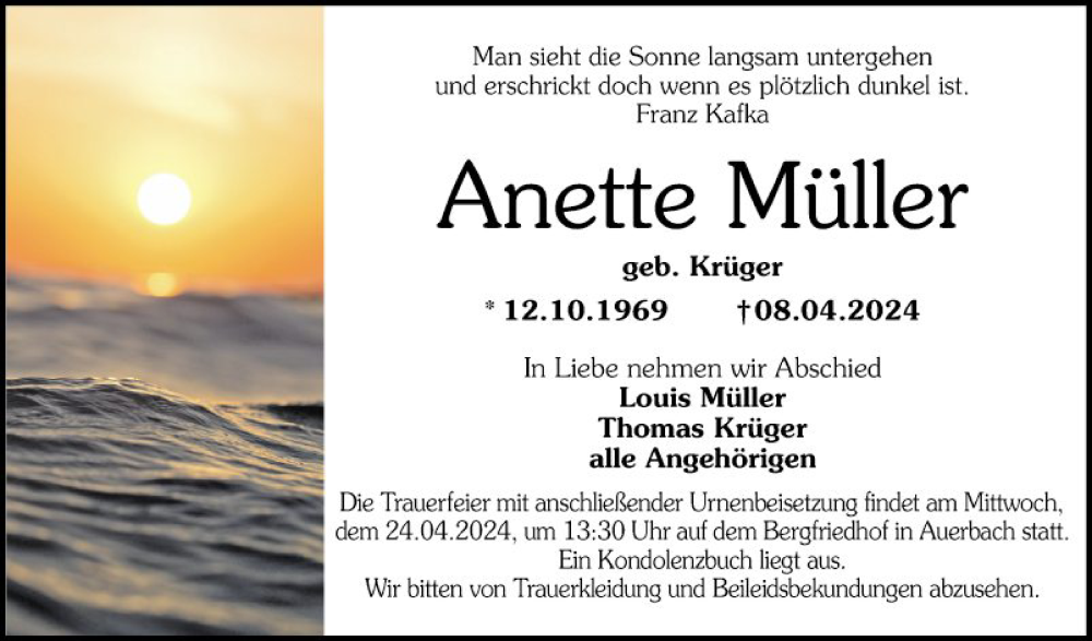  Traueranzeige für Anette Müller vom 20.04.2024 aus Bergsträßer Anzeiger