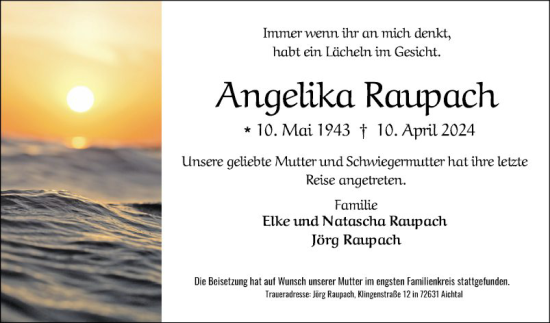 Traueranzeige von Angelika Raupach von Fränkische Nachrichten