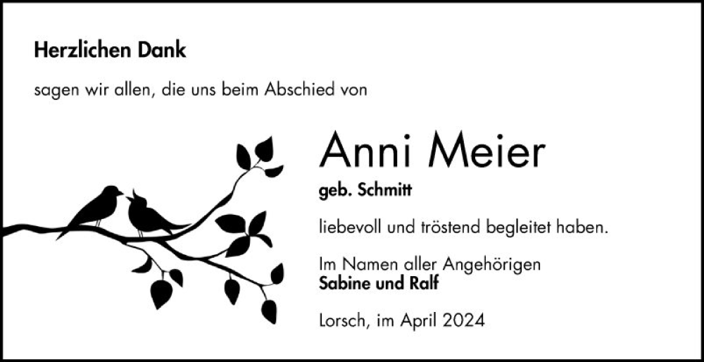  Traueranzeige für Anni Meier vom 27.04.2024 aus Bergsträßer Anzeiger