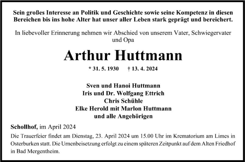  Traueranzeige für Arthur Huttmann vom 18.04.2024 aus Fränkische Nachrichten