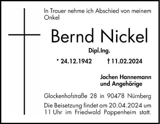 Traueranzeige von Bernd Nickel von Bergsträßer Anzeiger