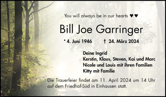 Traueranzeige von Bill Joe Garringer von Bergsträßer Anzeiger
