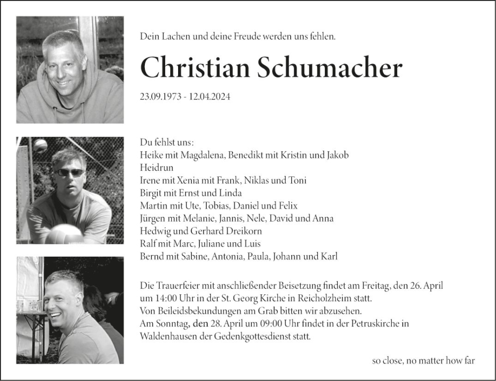 Traueranzeige für Christian Schumacher vom 20.04.2024 aus Fränkische Nachrichten