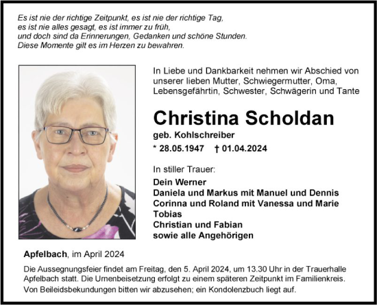 Traueranzeige von Christina Scholdan von Fränkische Nachrichten