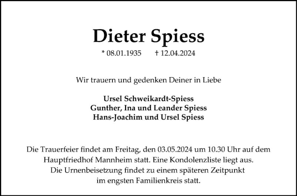  Traueranzeige für Dieter Spiess vom 20.04.2024 aus Mannheimer Morgen