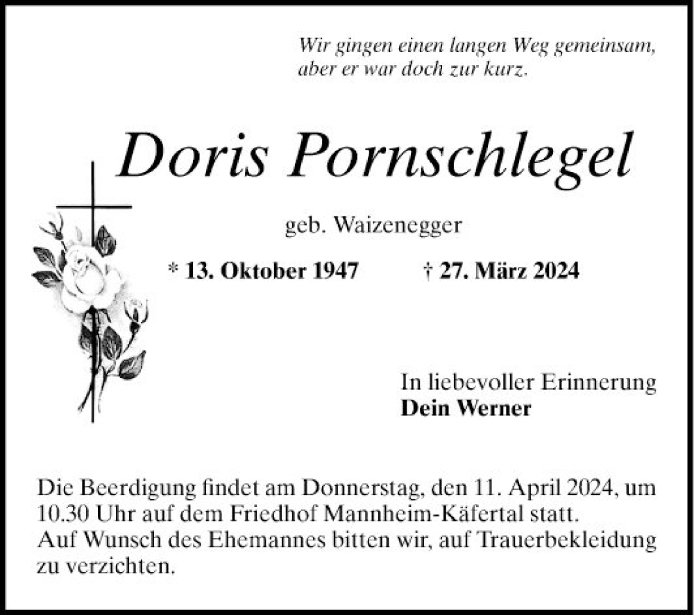  Traueranzeige für Doris Pornschlegel vom 06.04.2024 aus Mannheimer Morgen