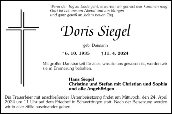 Traueranzeige von Doris Siegel von Schwetzinger Zeitung