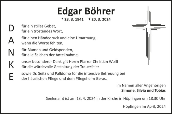 Traueranzeige von Edgar Böhrer von Fränkische Nachrichten