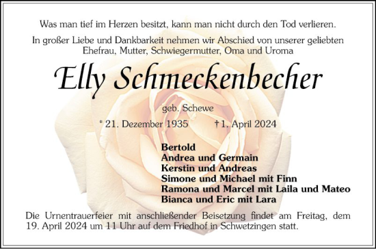 Traueranzeige von Elly Schmeckenbecher von Schwetzinger Zeitung