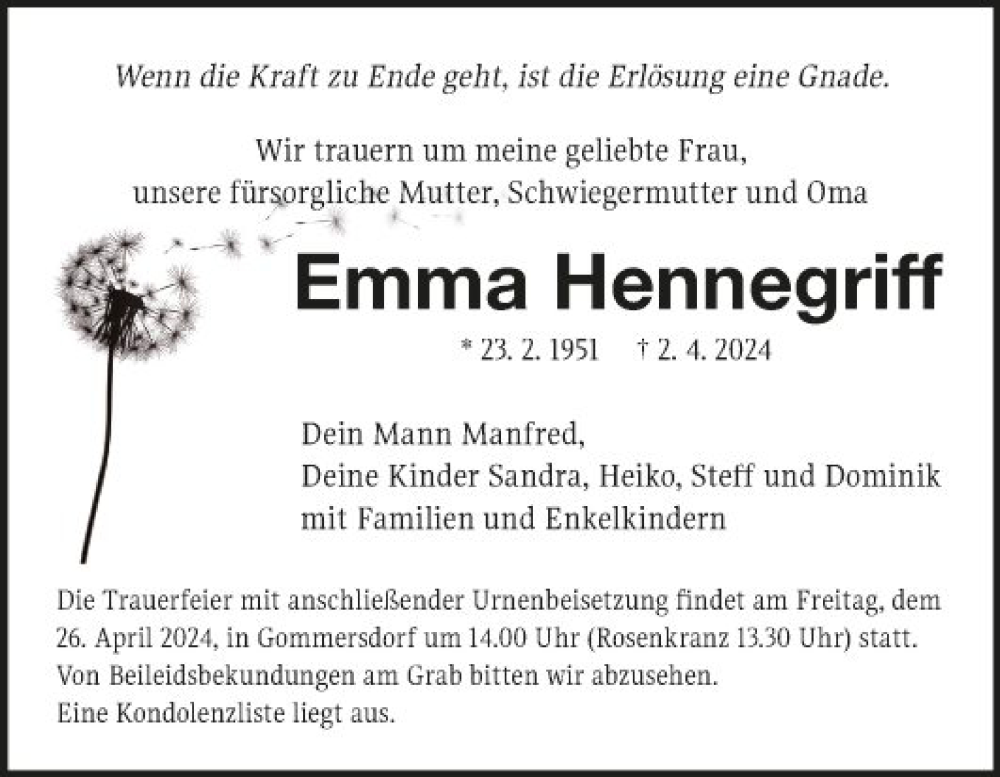  Traueranzeige für Emma Hennegriff vom 20.04.2024 aus Fränkische Nachrichten