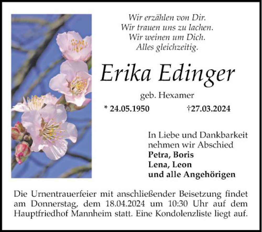  Traueranzeige für Erika Edinger vom 13.04.2024 aus Mannheimer Morgen